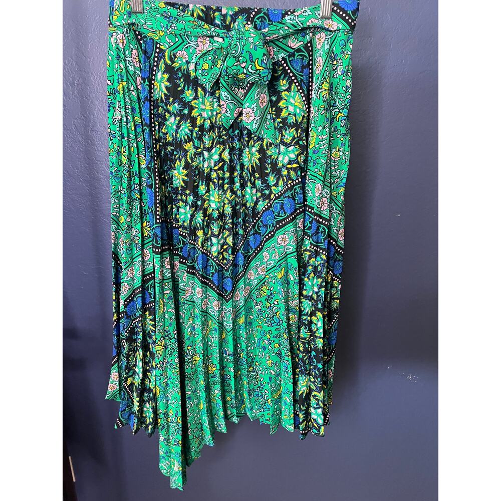Topshop Green Floral Pleated Asymmetrical Midi Skirt Tie Waist Boho UK 12 US 8 - Picture 2 of 5